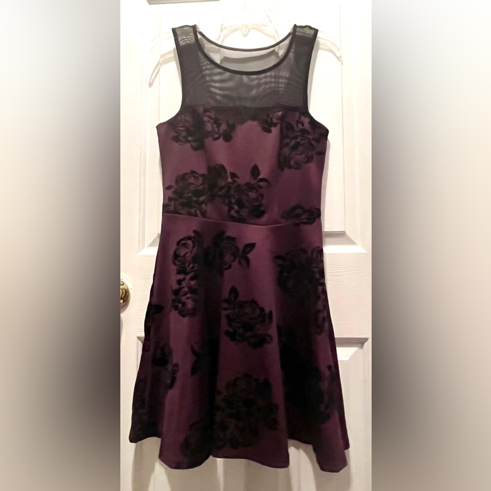TRIXXI Junior Fit Whimsigoth Flare Dress Plum/Purple Floral-Print Size Medium